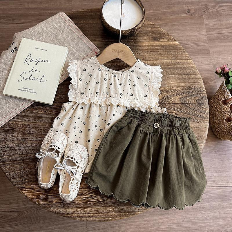 （In Production）Girls Spring&Summer Ruffle Scallop Embroidery Shorts Set