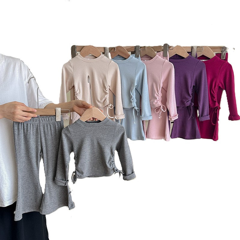 （In Production）Girls Fall&Winter Solid Color Top Flare Pants Set