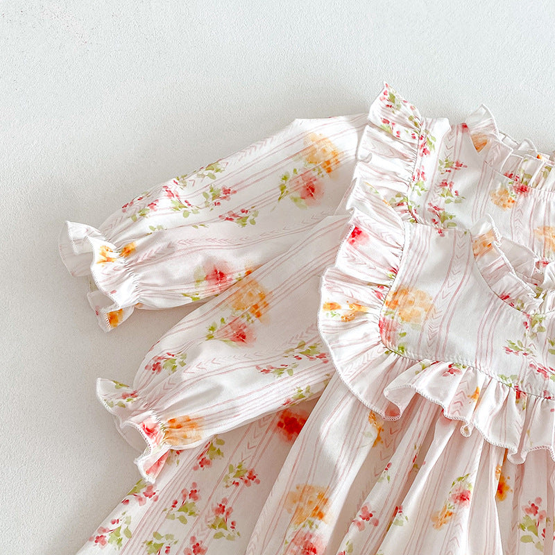 （In Production）Sisters Fall Floral Print Ruffle Dress&Romper