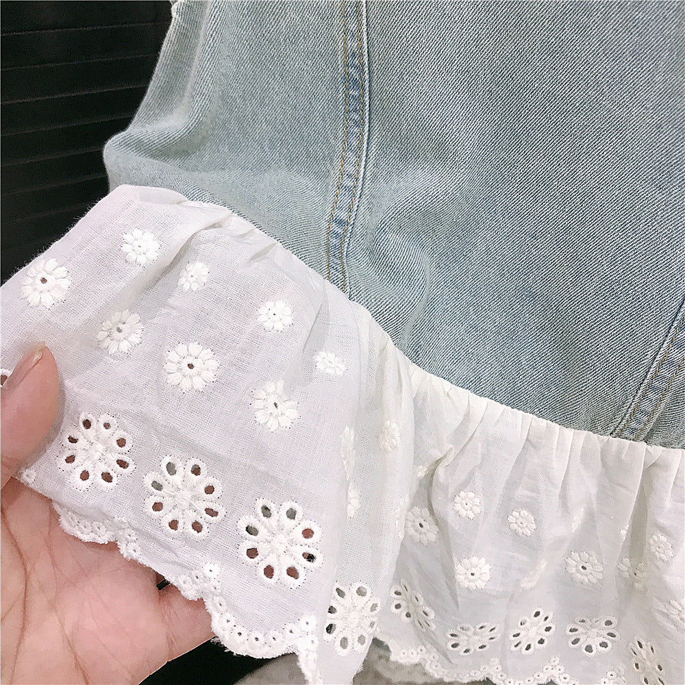 （In Production）Girls Spring&Summer Denim Lace Ruffle Outfit Set