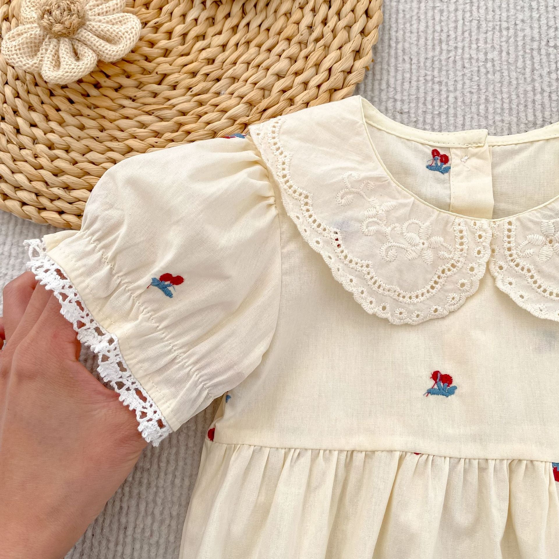 （Pre Order 2 Weeks）Sisters Cherry Embroidery Baby Collar Dress&Romper