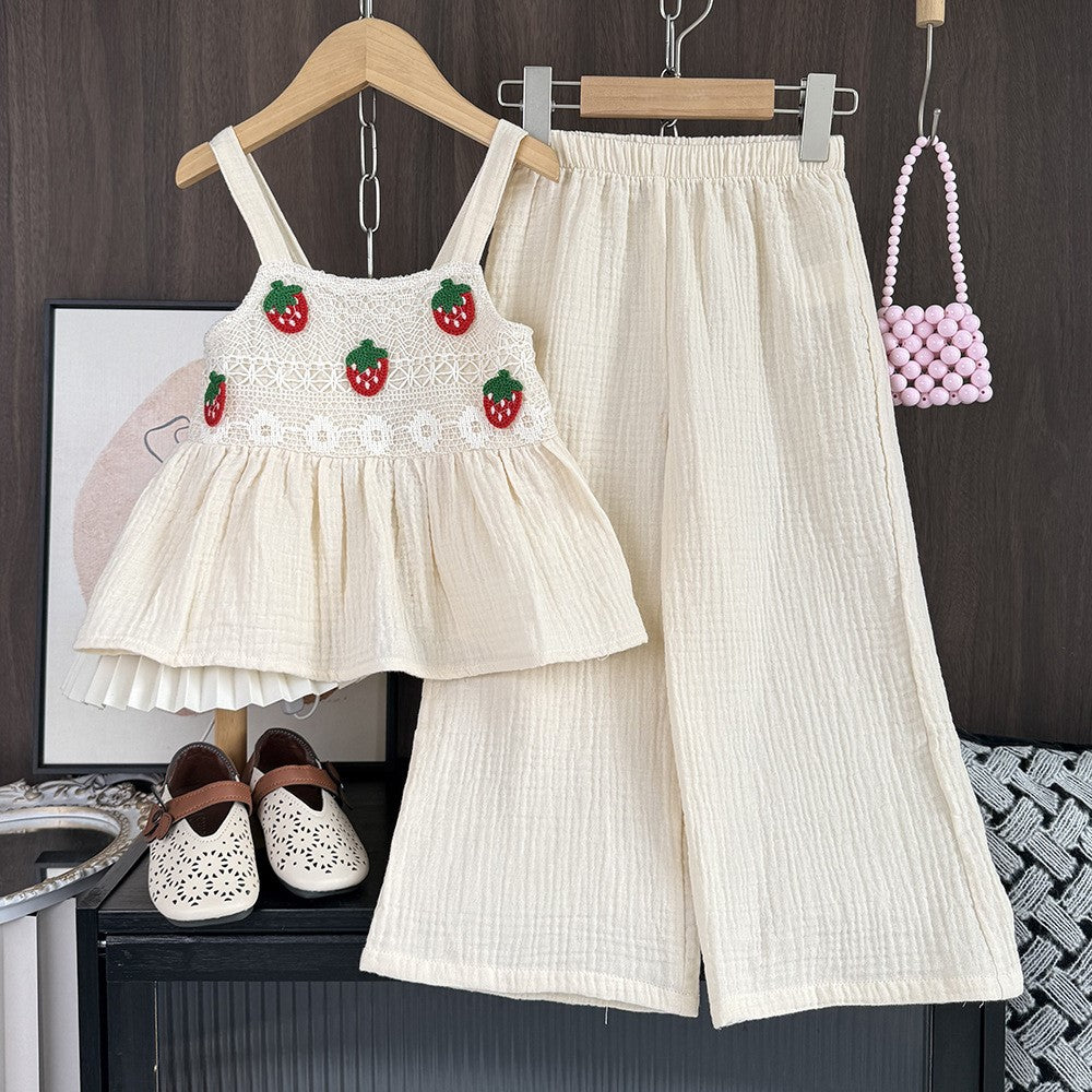 （In Production）Girls Spring&Summer Strawberry Embroidery Outfit Set