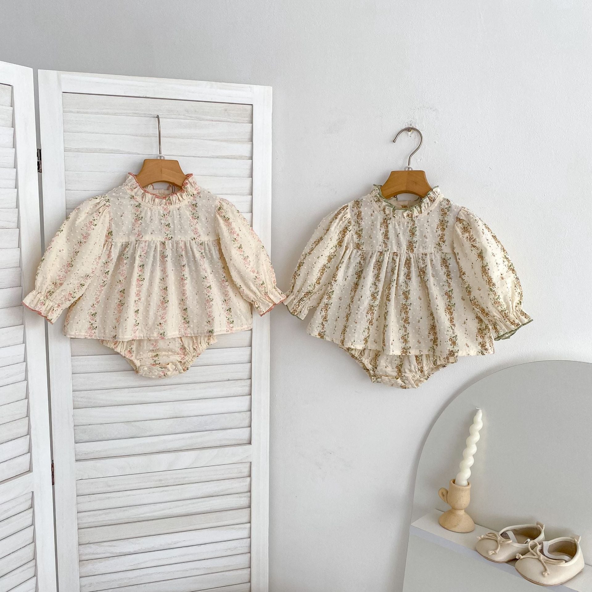 （In Production）Toddler Girls Spring&Summer Floral Print Swiss Dot Bloomer Set