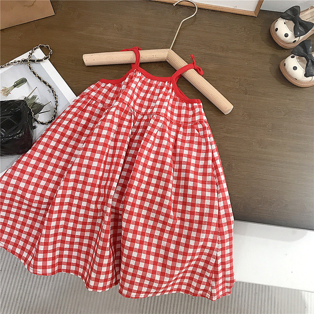 （In Production）Girls Spring&Summer Strawberry Plaid Slip Dress