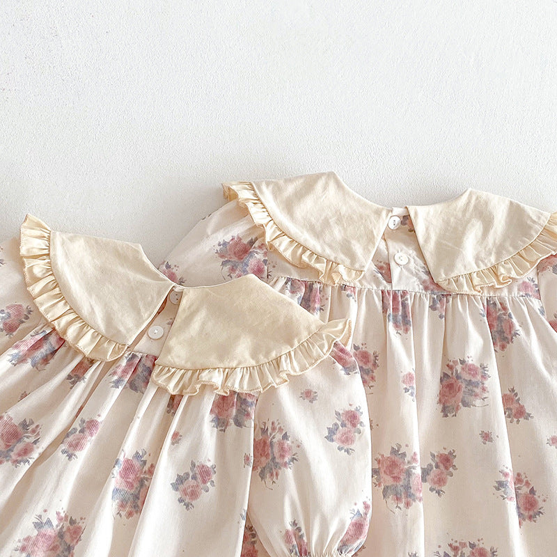 （Pre Order 2 Weeks）Sisters Fall Floral Print Ruffle Collar Dress&Romper