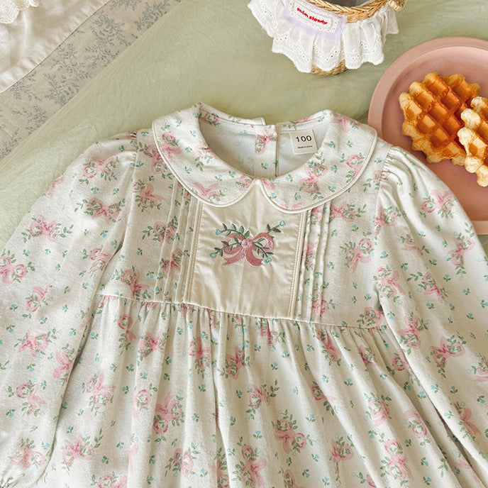 （Pre Order 2 Weeks）Girls Fall Floral Embroidery Baby Collar Dress