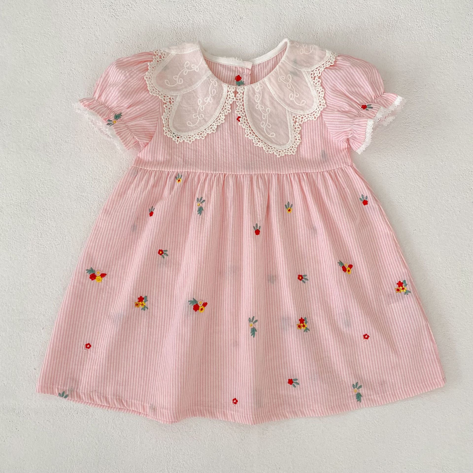 （Pre Order 2 Weeks）Sisters Floral Embroidery Pink Stripe Dress&Romper