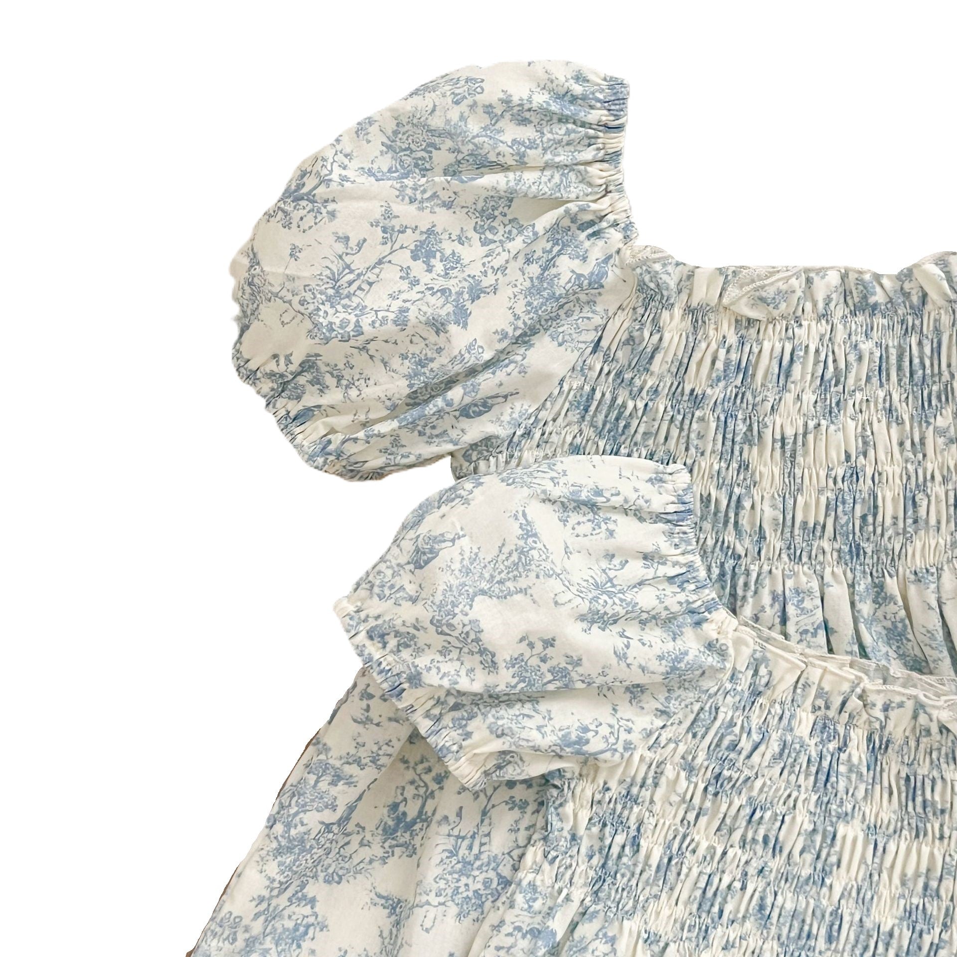 （In Production）Sisters Spring&Summer Blue Floral Print Smocked Dress,Romper