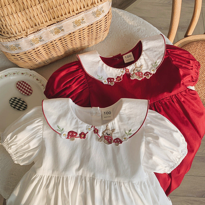 （In Production）Girls Spring&Summer Mushroom Embroidery Baby Collar Dress