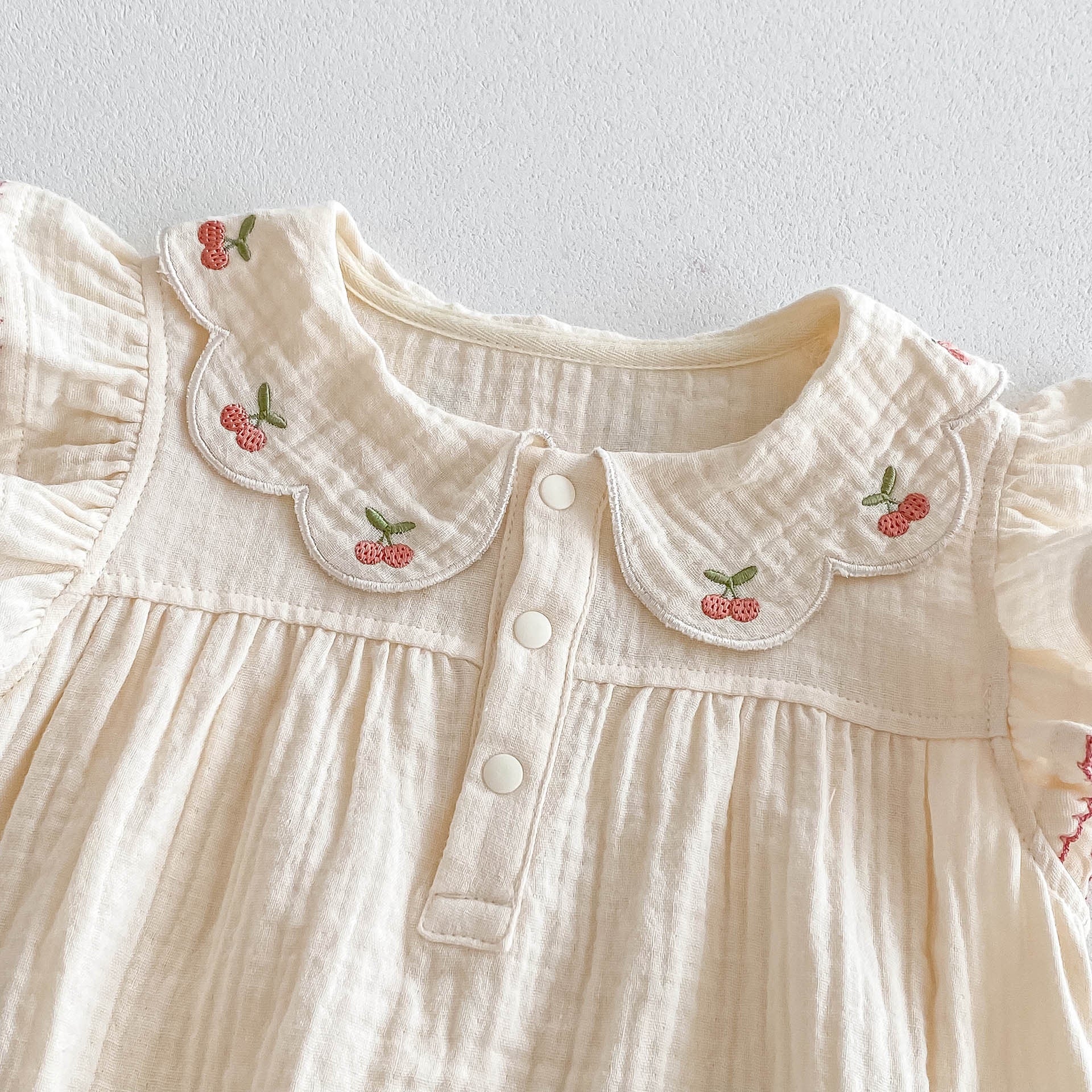 （Pre Order 2 Weeks）Toddler Girls Cherry Embroidery Scallop Collar Romper