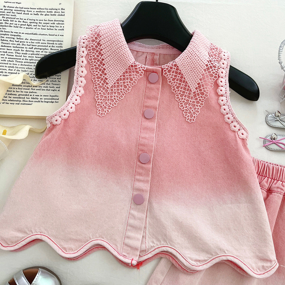 （In Production）Girls Summer Pink Scallop Denim Shorts Set