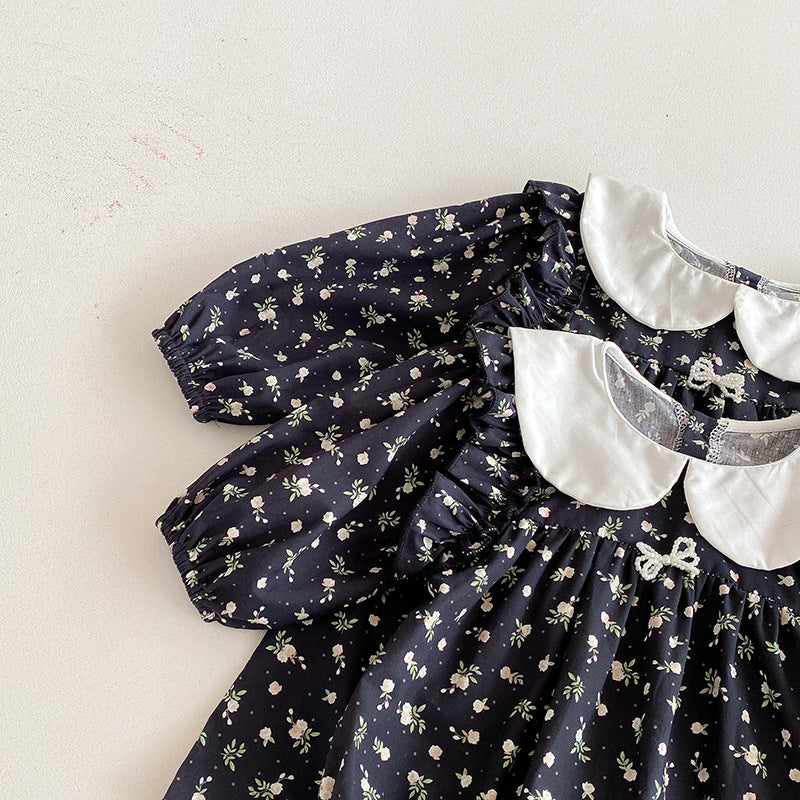 （Pre Order 2 Weeks）Sisters Fall Floral Print Baby Collar Dress&Romper