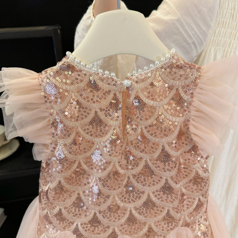 （In Production）Girls Spring&Summer Mermaid Sequin Tulle Dress with Veil