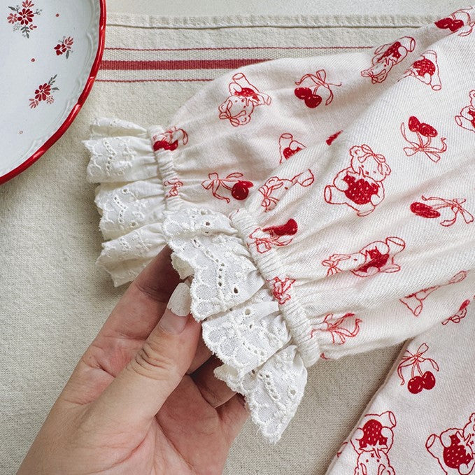 （In Production）One Pack(6 Pieces total)Sale Girls Fall Cherry Embroidery Scallop Dress