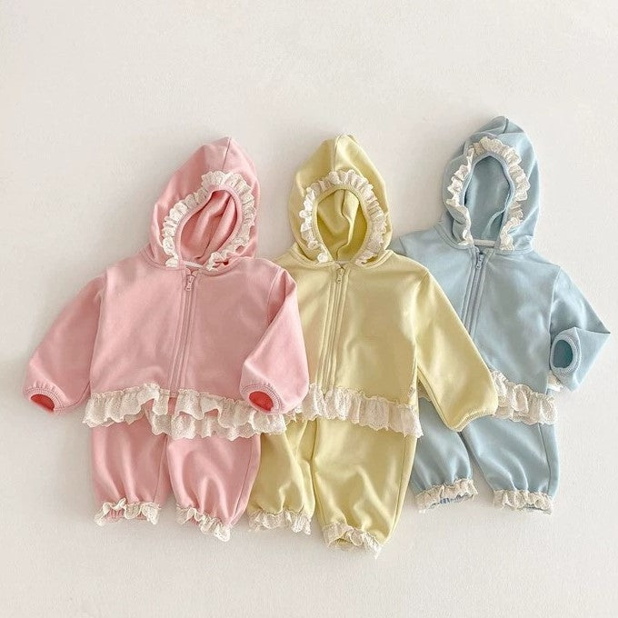 （Pre Order 2 Weeks）Girls Fall Solid Color Ruffle Sweatshirt Set