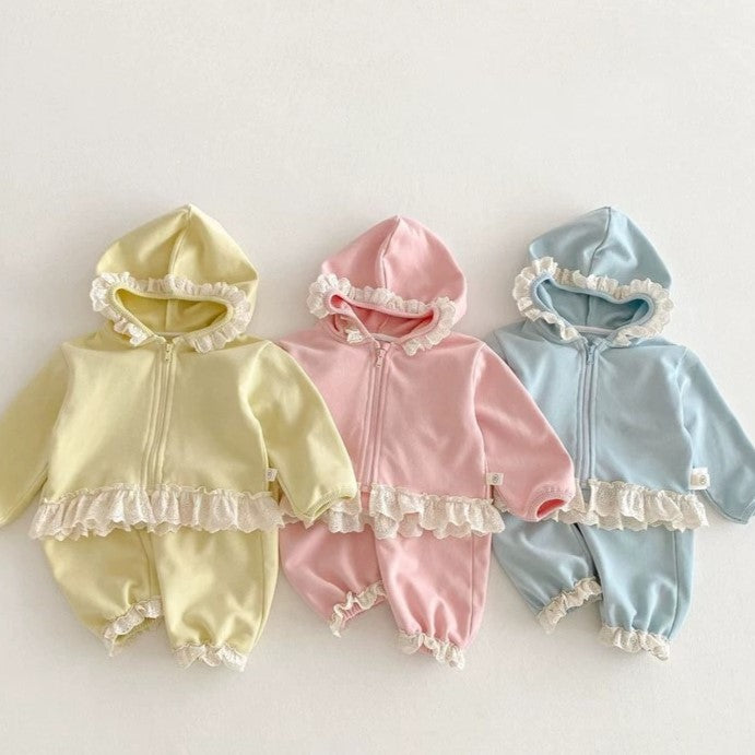 （Pre Order 2 Weeks）Girls Fall Solid Color Ruffle Sweatshirt Set