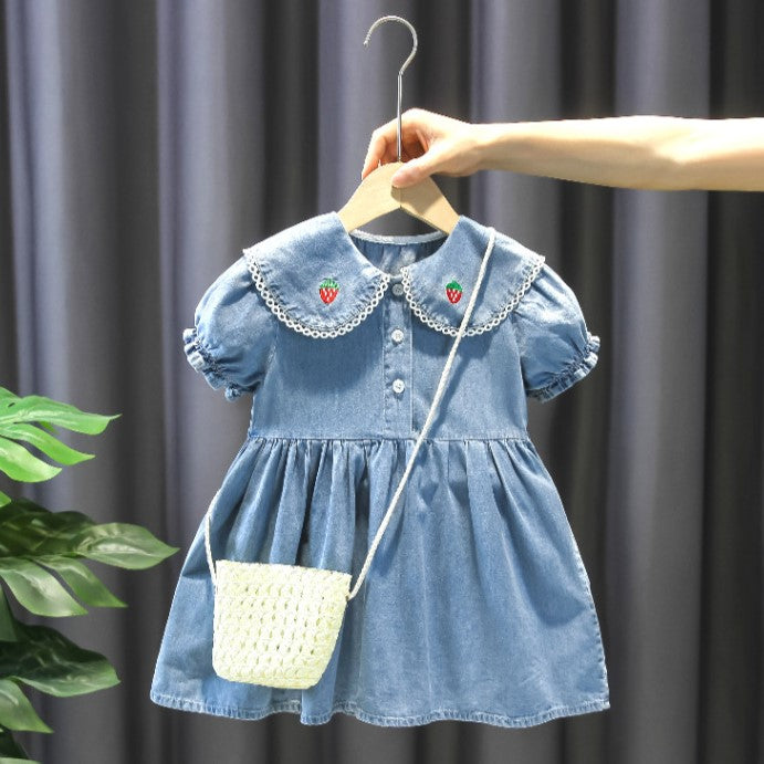 （In Production）Girls Spring&Summer Strawberry Embroidery Denim Dress with Bag