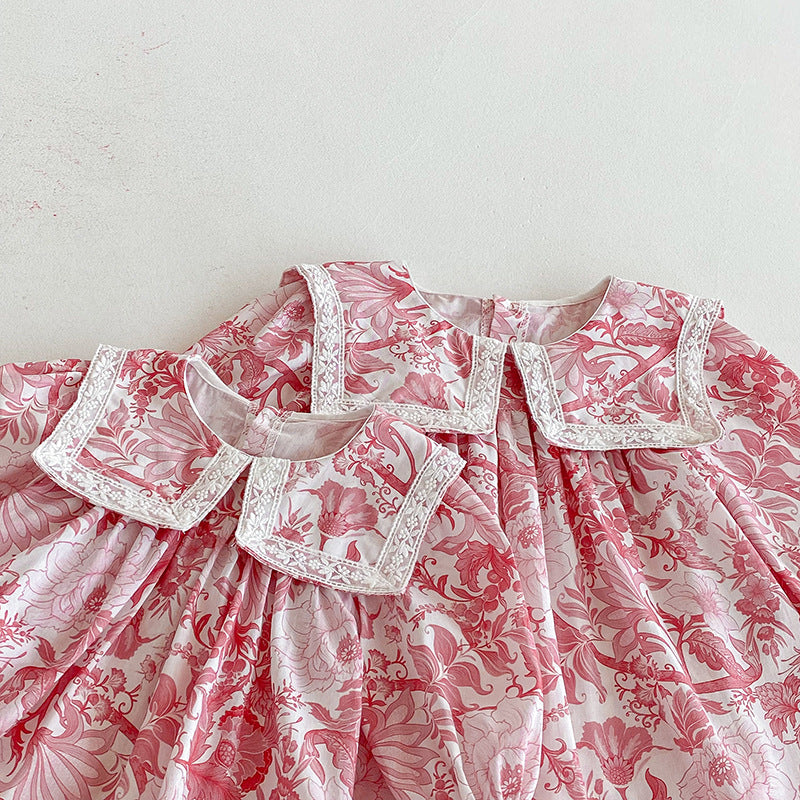 （Pre Order 2 Weeks）Sisters Fall Pink Floral Print Collar Dress&Romper