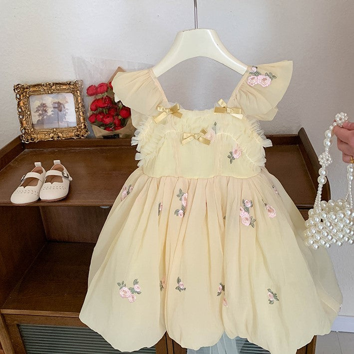 （In Production）Girls Spring&Summer Rose Embroidery Tulle Dress