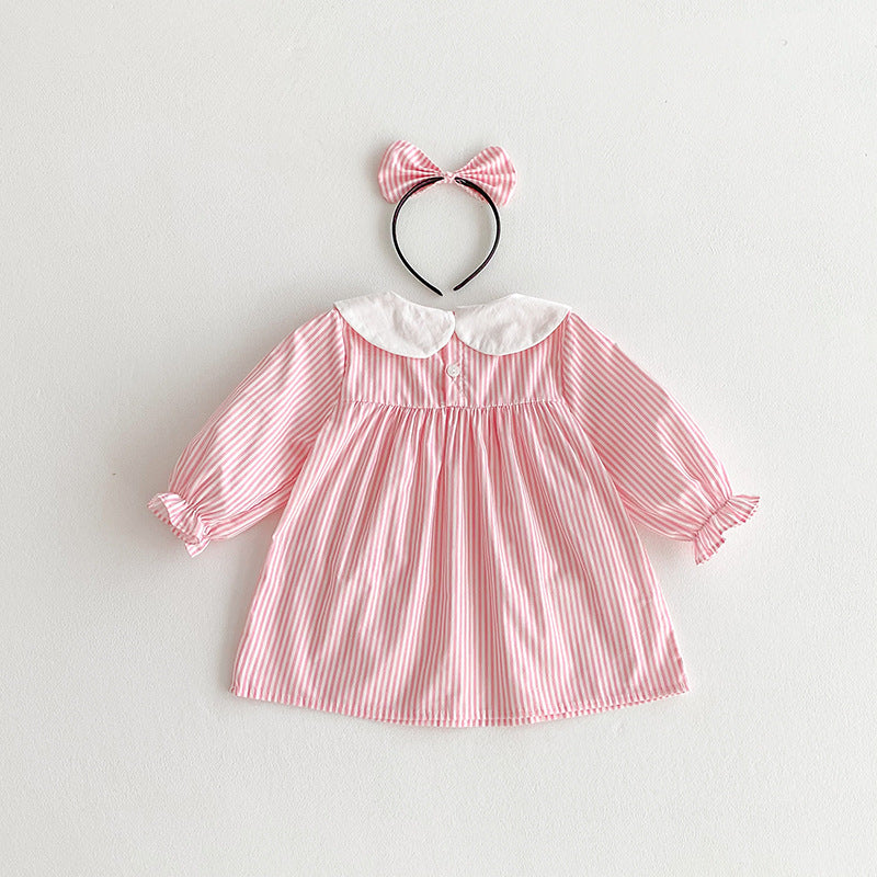 （In Production）Sisters Fall Pink Stripe Dress&Romper with Pockets