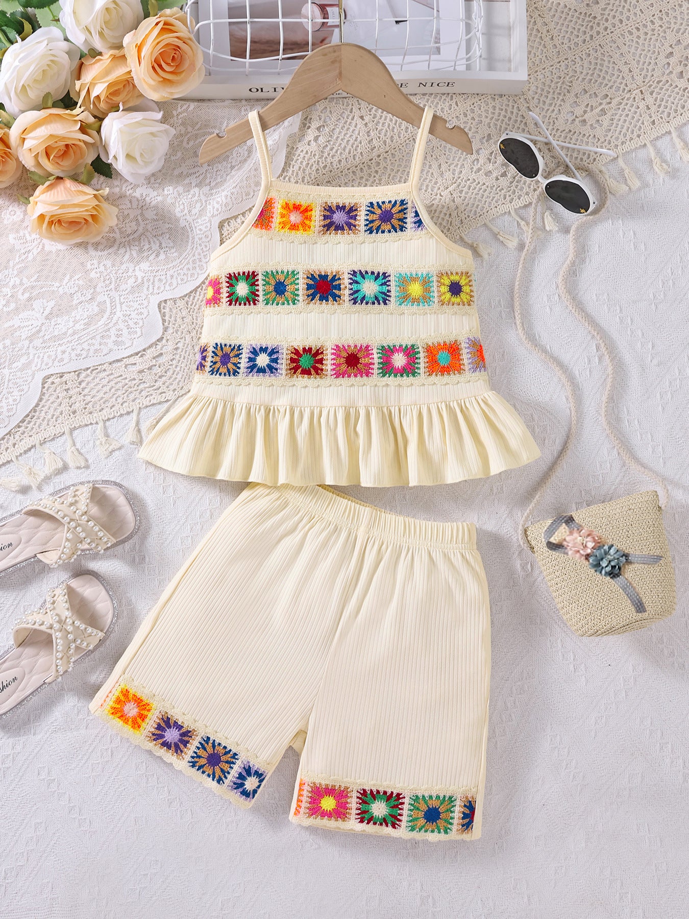 （In Production）Girls Spring&Summer Ethnic Style Embroidery Shorts Set