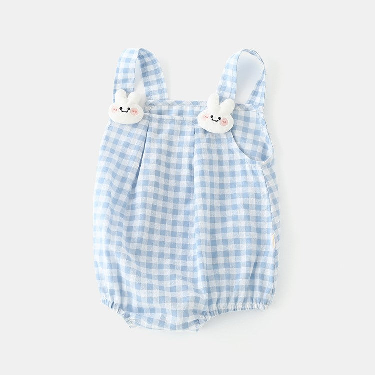 （Pre Order）Toddler Girls Spring and Summer Baby Blue Plaid Cotton Romper