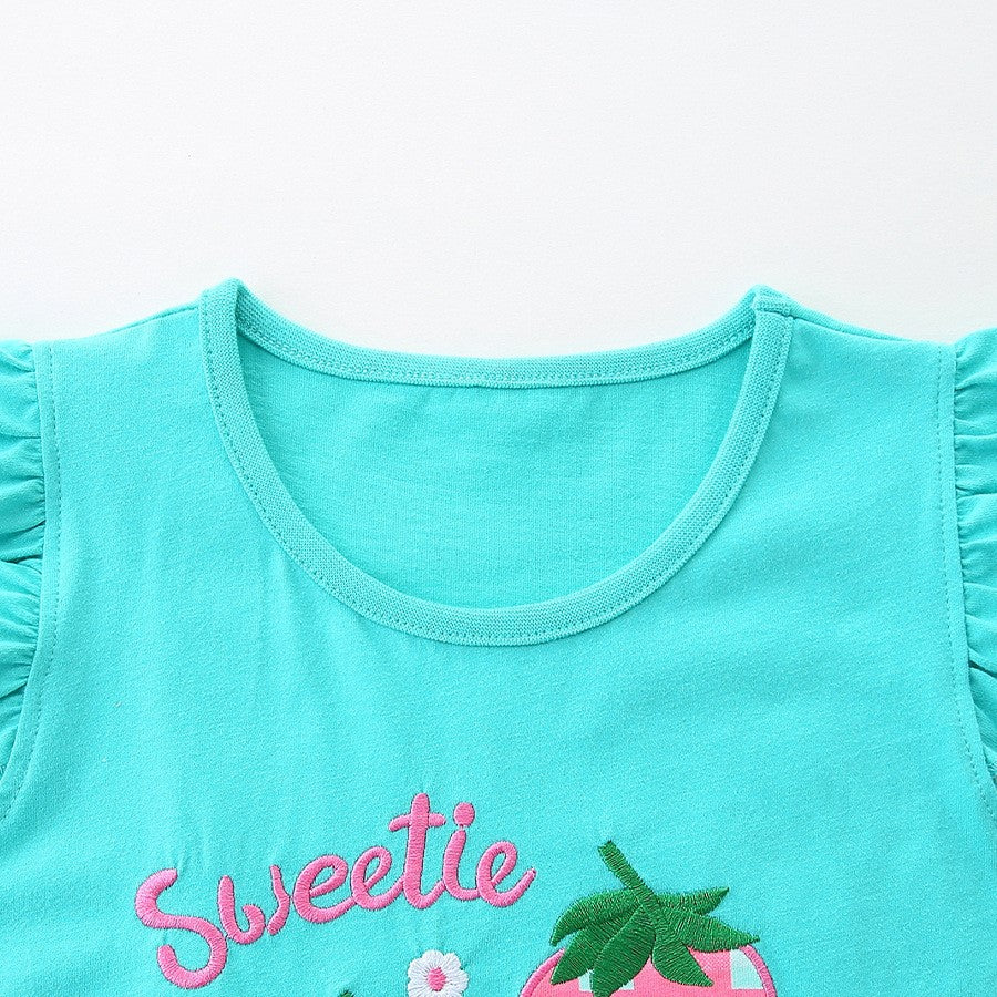 （In Production）Girls Spring&Summer Strawberry Applique Cotton Shorts Set