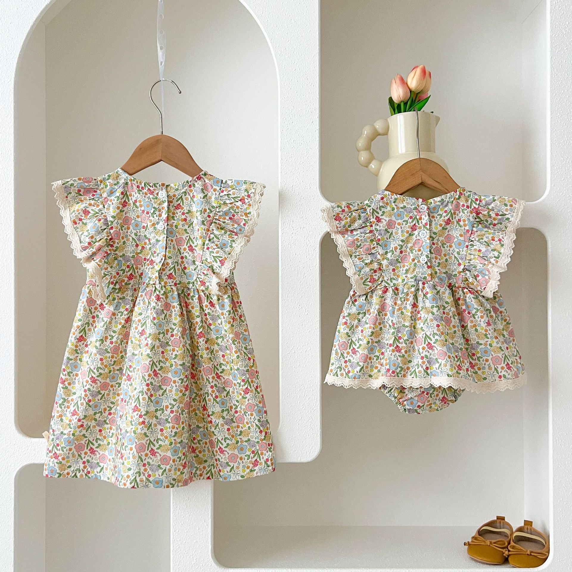 （In Production）Sisters Summer Floral Print Lace Dress&Romper