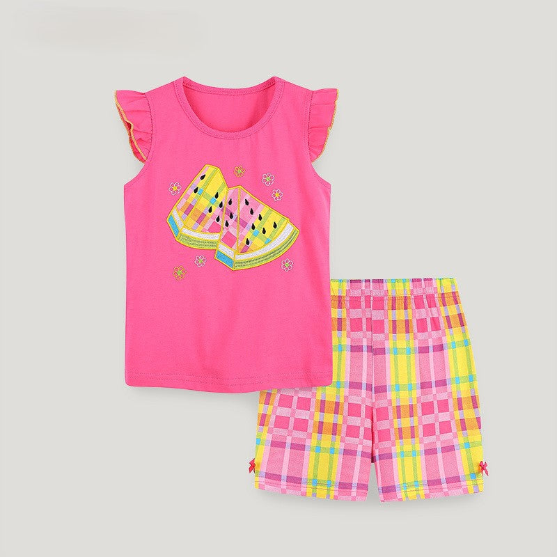 （In Production）Girls Spring&Summer Watermelon Applique Cotton Shorts Set