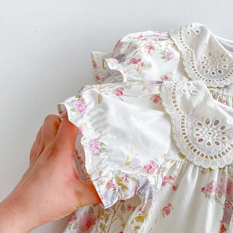 （In Production）Sisters Spring&Summer Floral Print Lace Dress,Romper