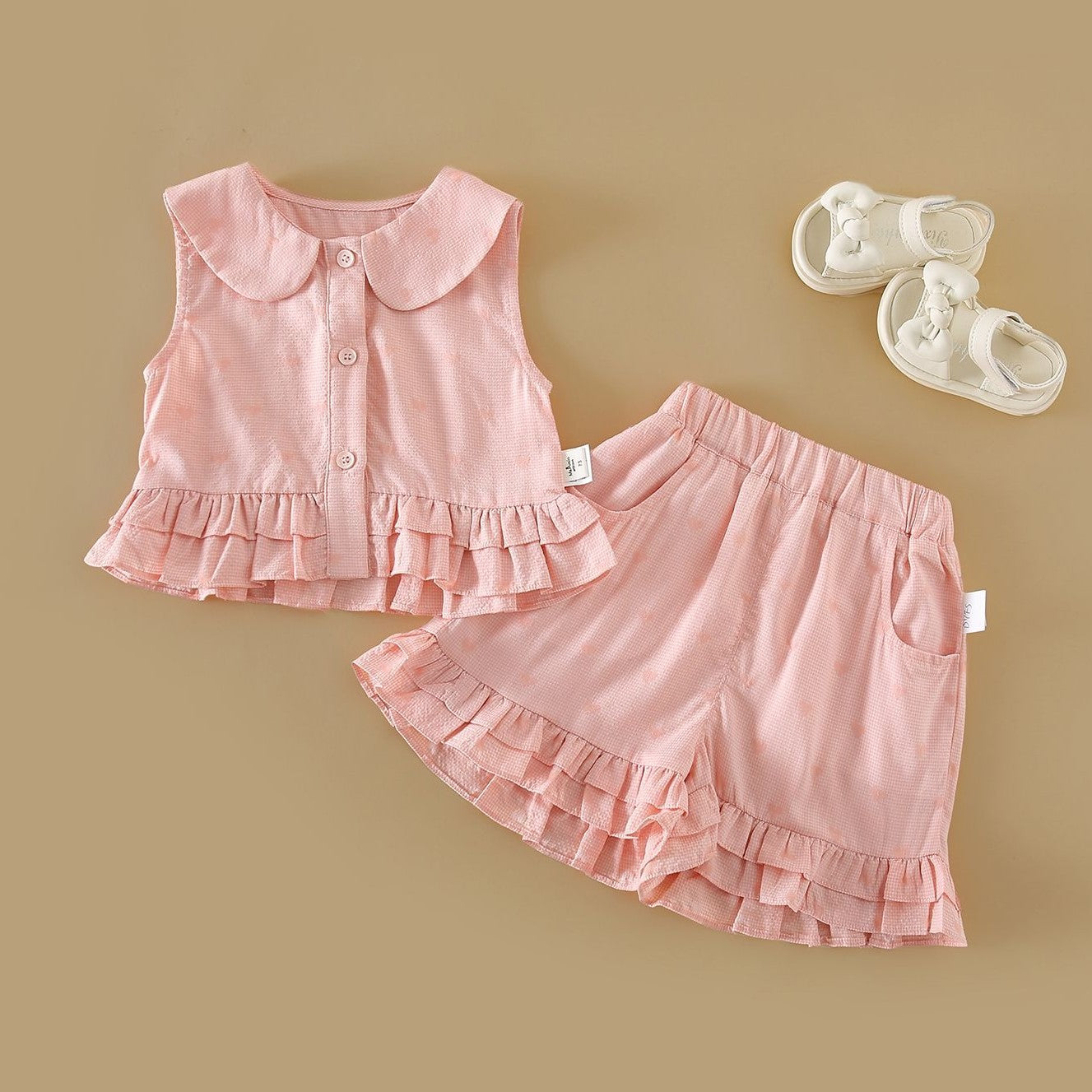 （In Production）Girls Spring&Summer Coral Plaid Cotton Ruffled Shorts Set