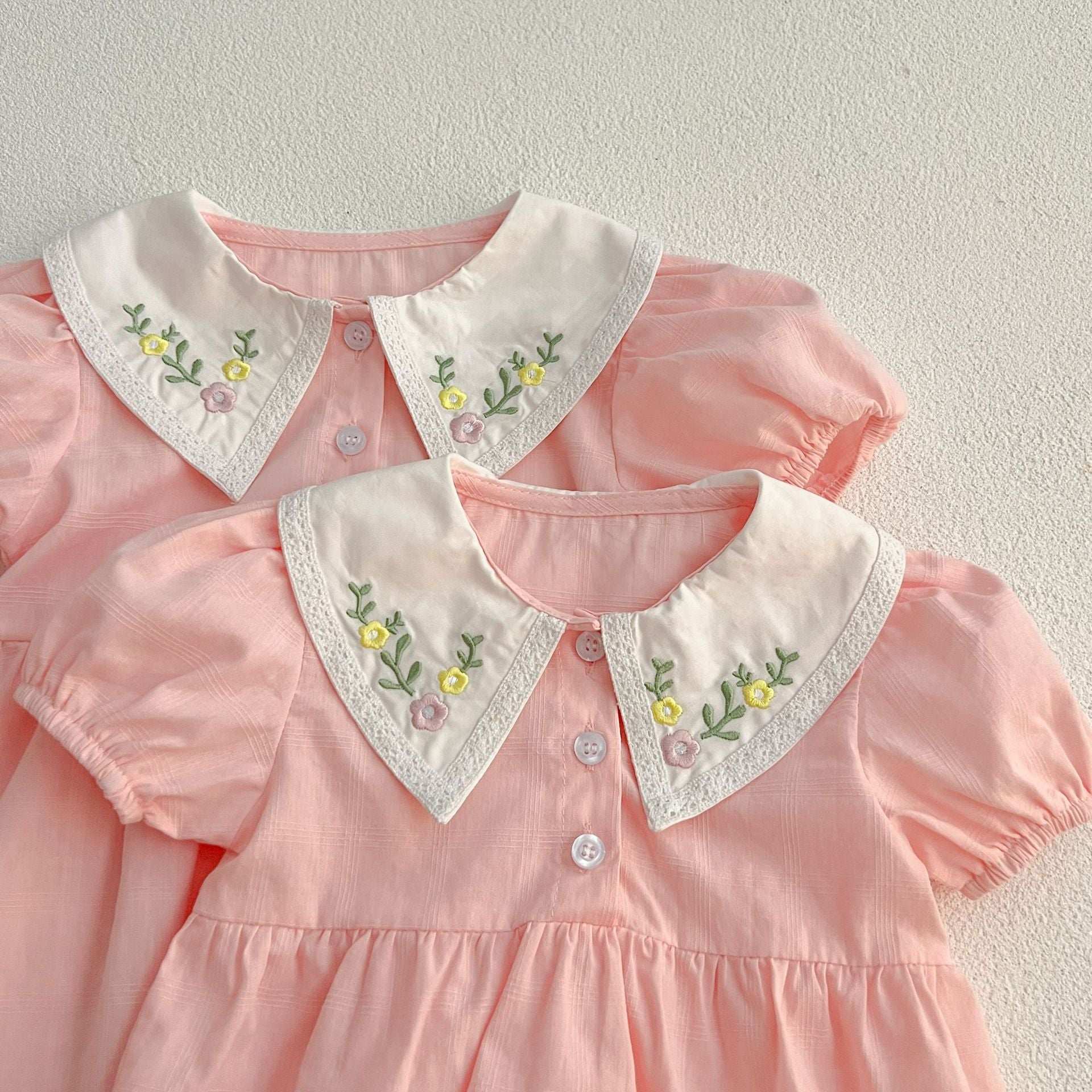 （Pre Order 2 Weeks）Sisters Floral Embroidery Collar Pink Dress&Romper