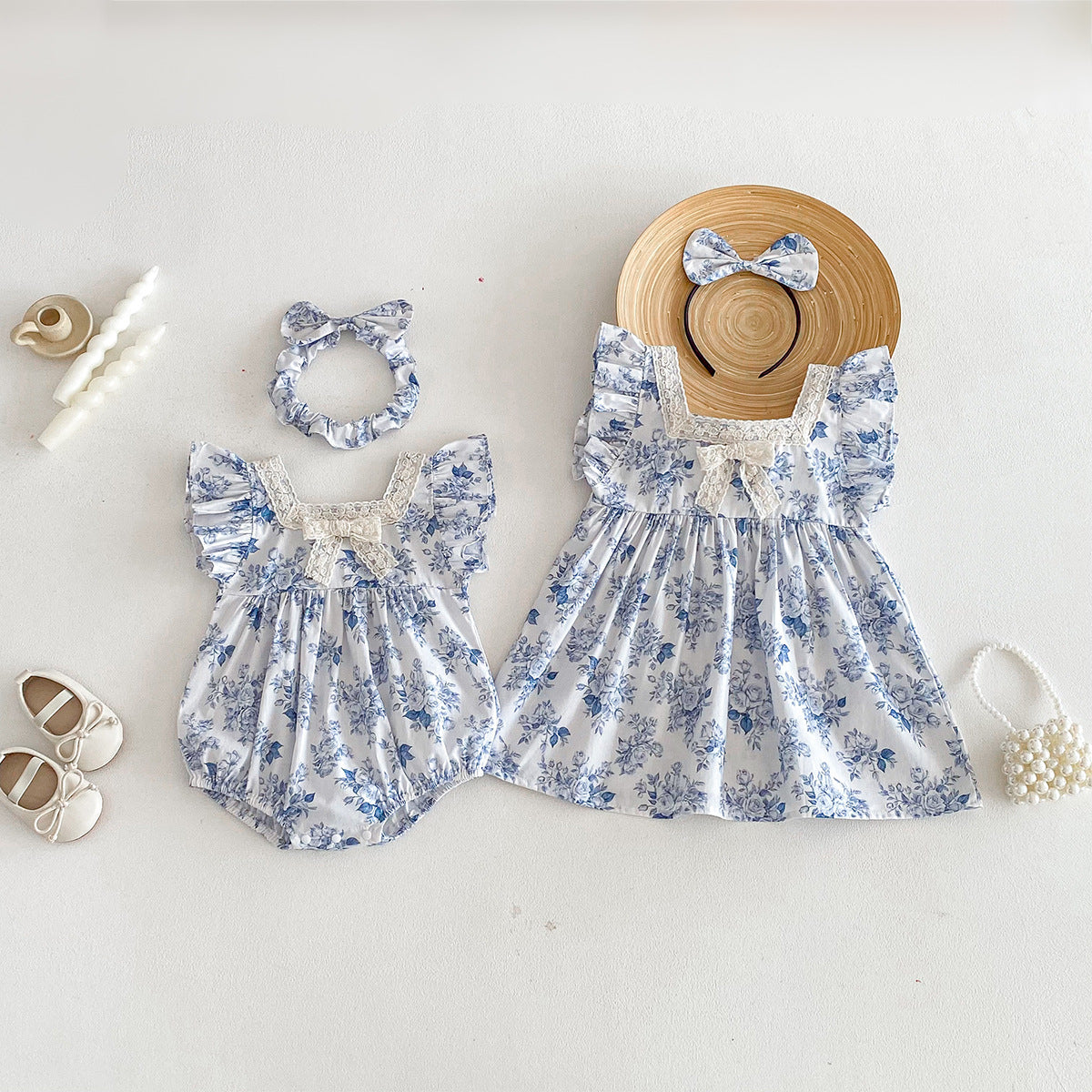 （In Production）Sisters Spring&Summer Blue Floral Print Dress,Romper