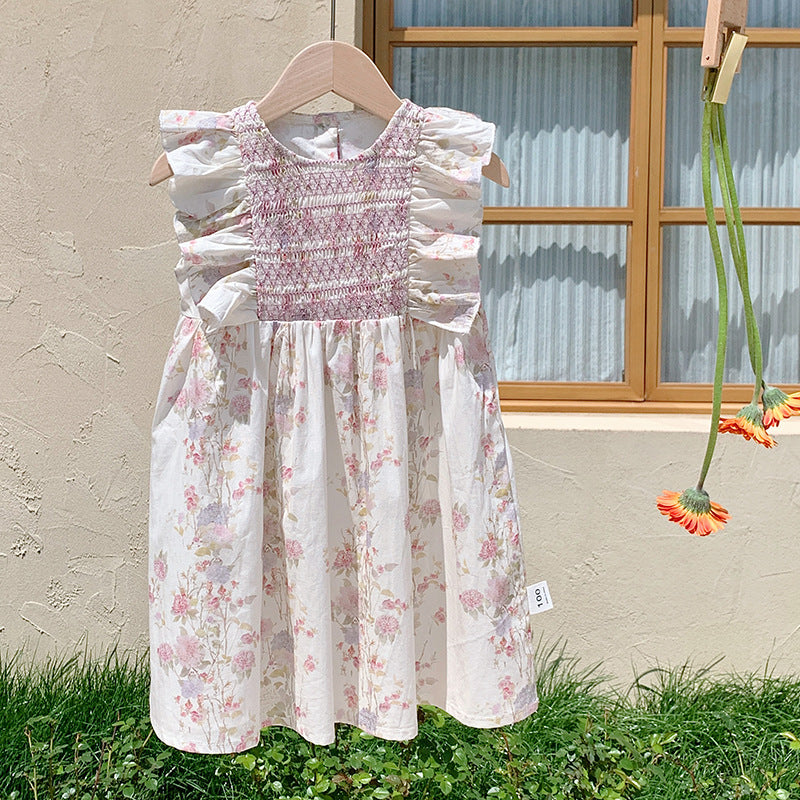（In Production）Girls Spring&Summer Floral Print Smocked Ruffle Dress