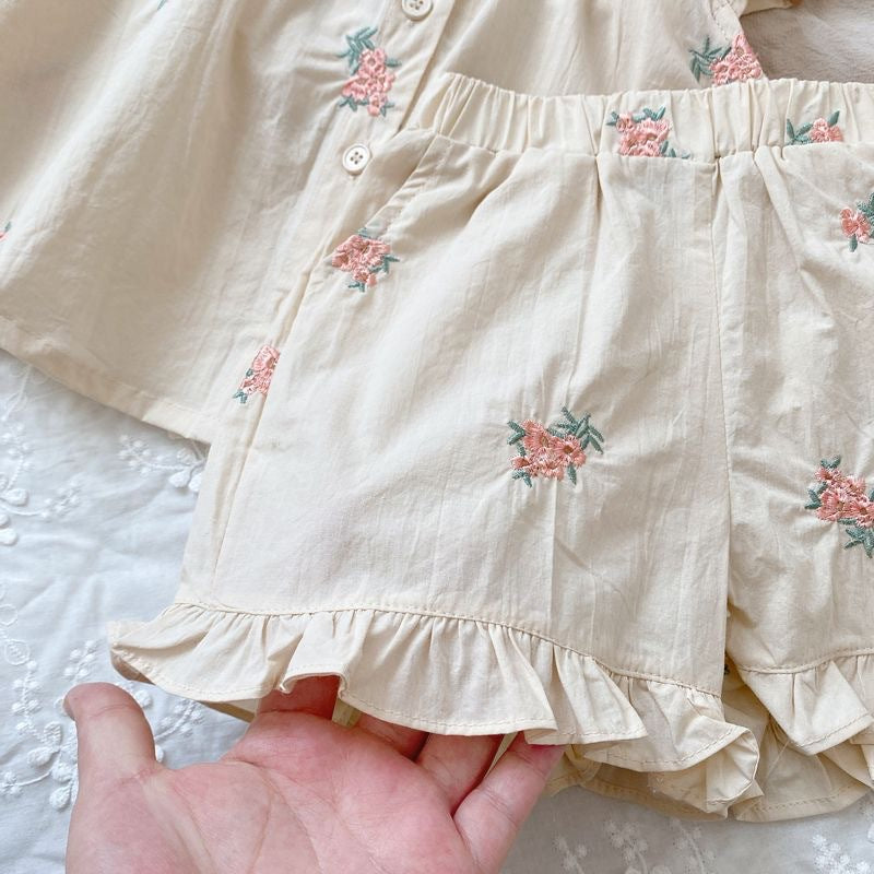 （In Production）Girls Spring&Summer Floral Embroidery Shorts Set