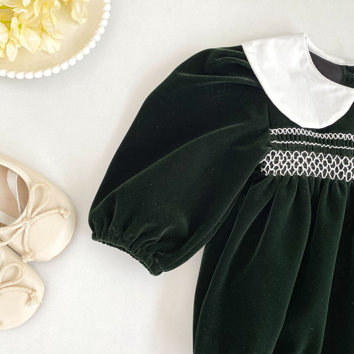 （Pre Order 2 Weeks）Sisters Fall Smocked Green Velvet Dress&Romper