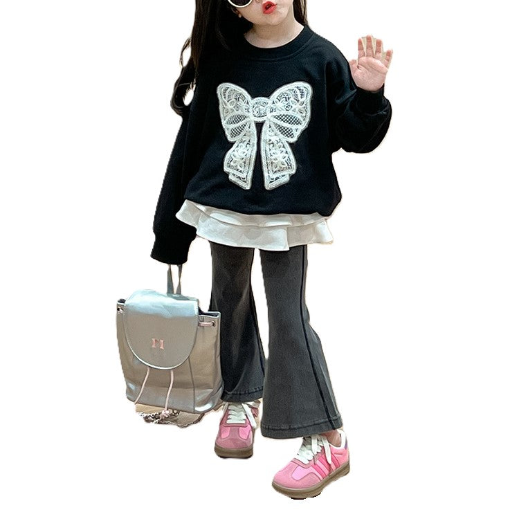 （In Production）Girls Fall&Winter Bow Applique Sweatshirt Skirt Jeans 3 pcs