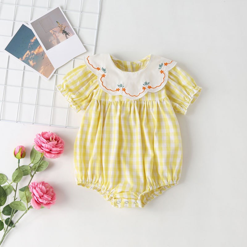 （In Production）Toddler Girls Spring&Summer Embroidery Yellow Plaid Romper