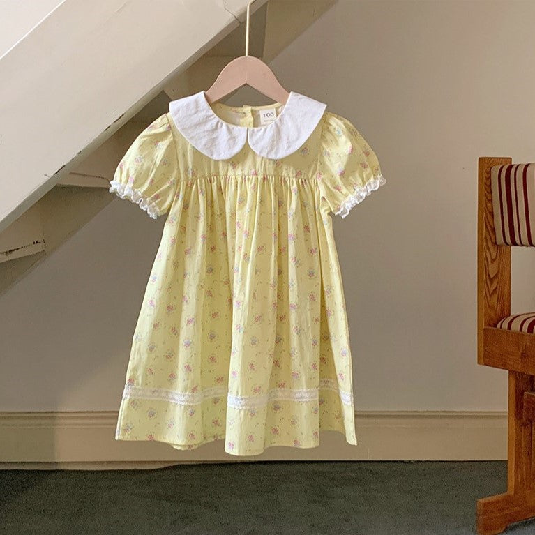 （In Production）Girls Spring&Summer Yellow Floral Print Doll Collar Dress