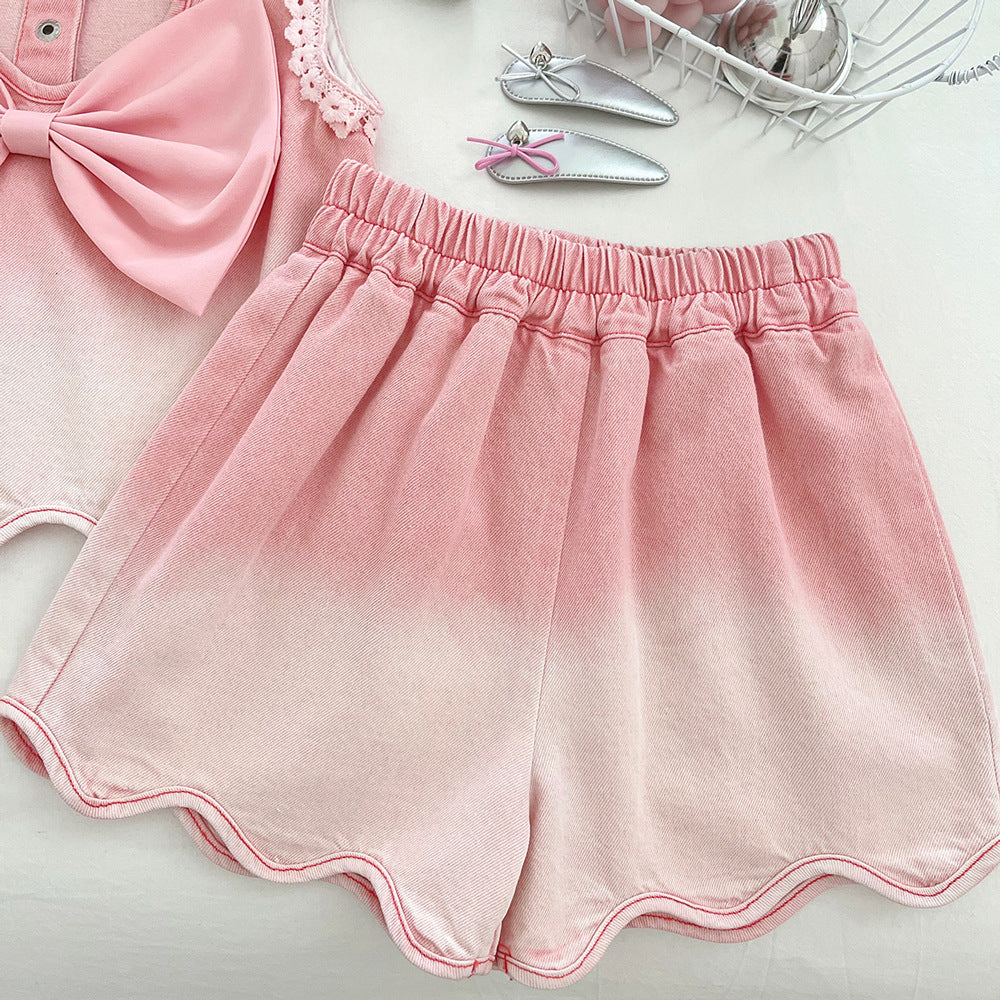 （In Production）Girls Summer Pink Scallop Denim Shorts Set