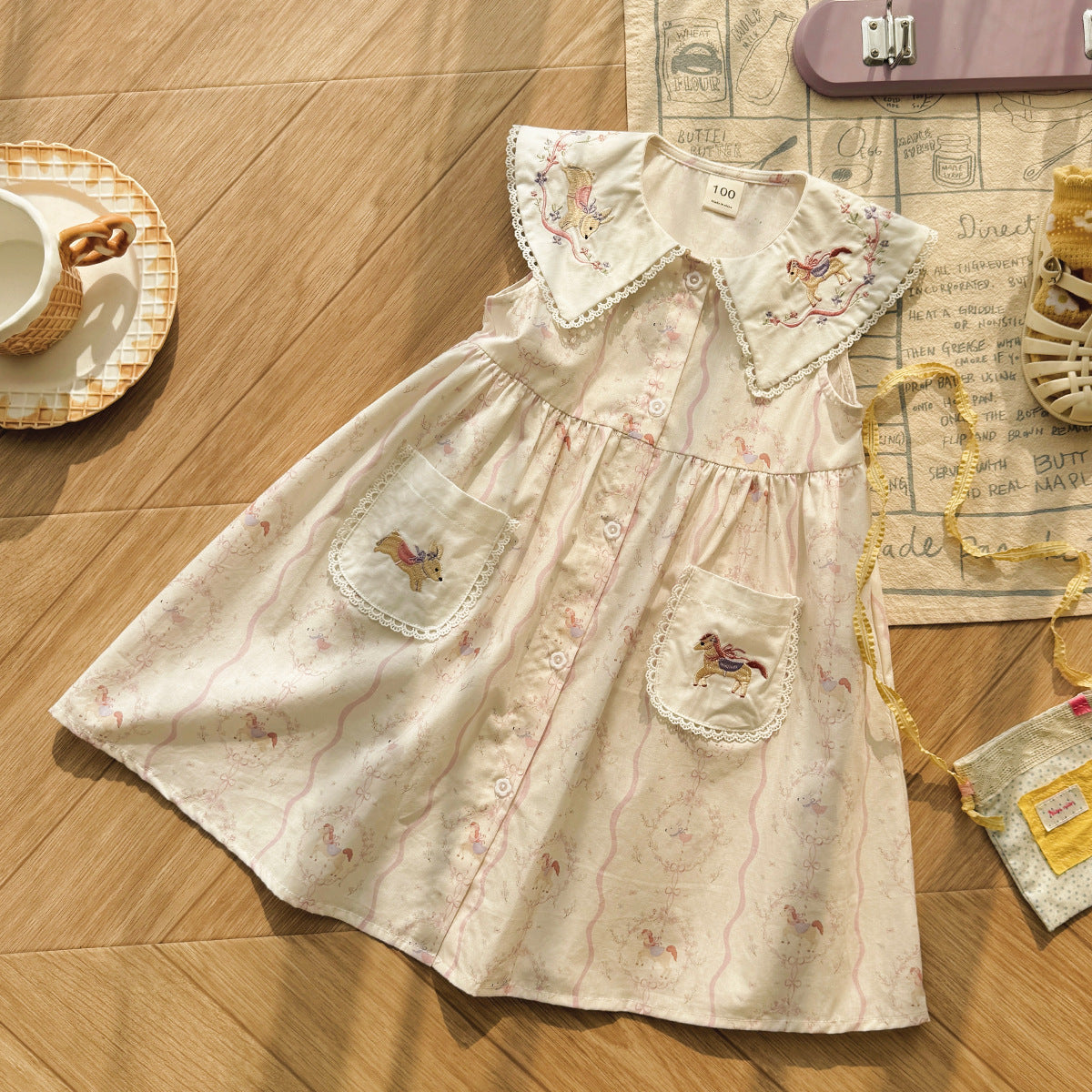 （In Production）Girls Spring&Summer Horse Embroidery Dress with Pockets