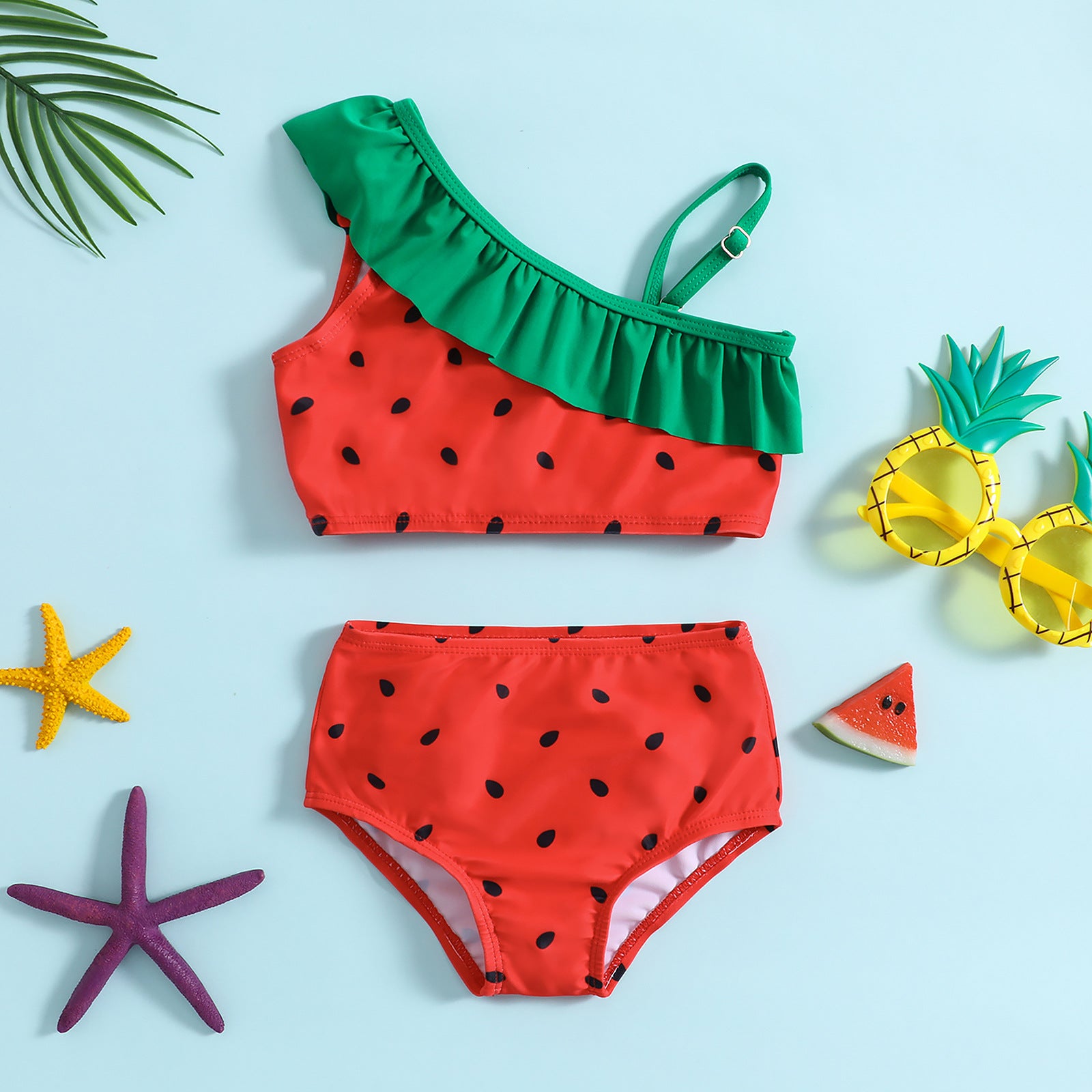 （In Production）Girls Summer Watermelon&Pineapple Print Swim Set