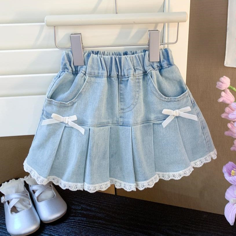 （In Production）Girls Spring&Summer Bow Lace Denim Pleated Skirt