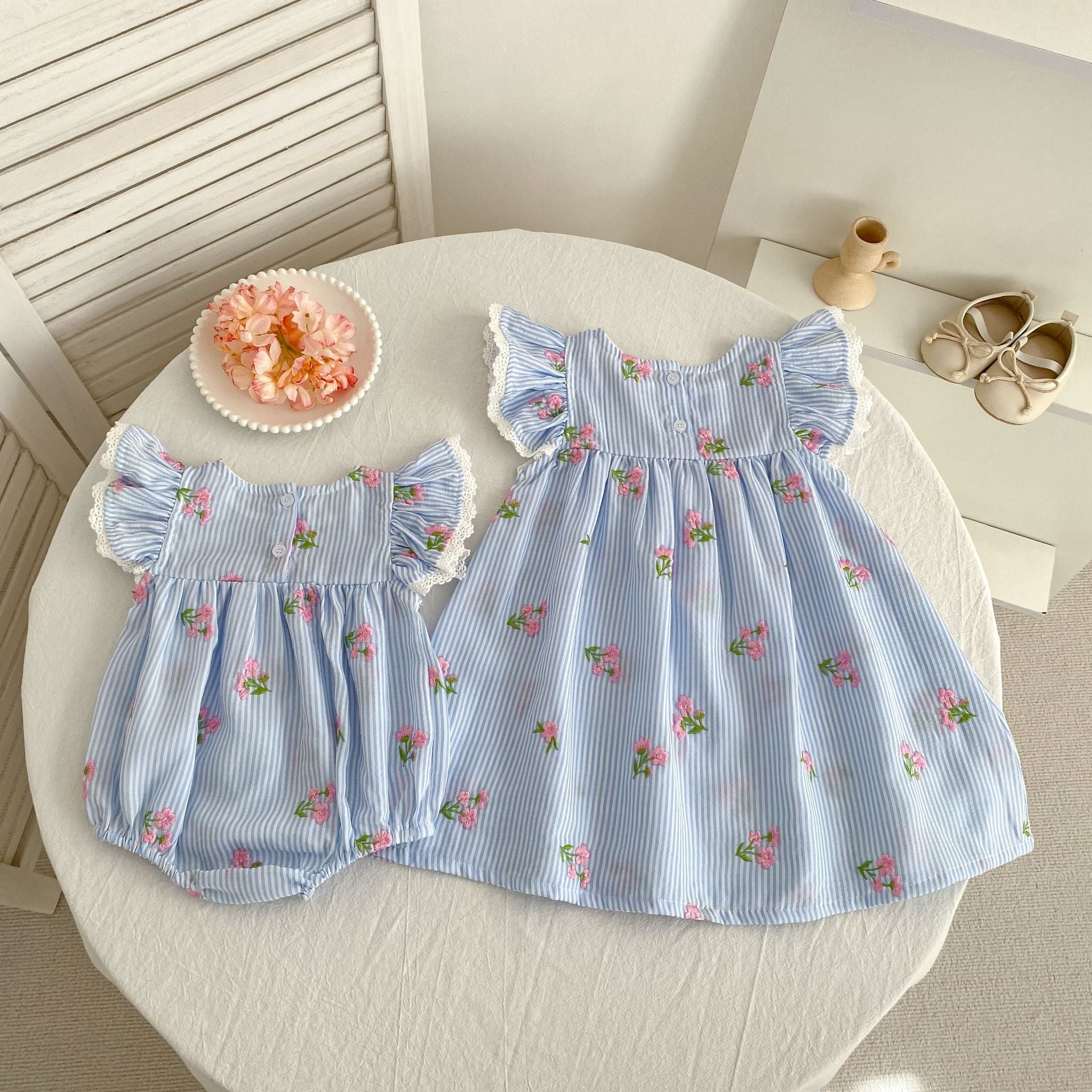 （In Production）Sisters Summer Floral Embroidery Flying Sleeves Dress&Romper