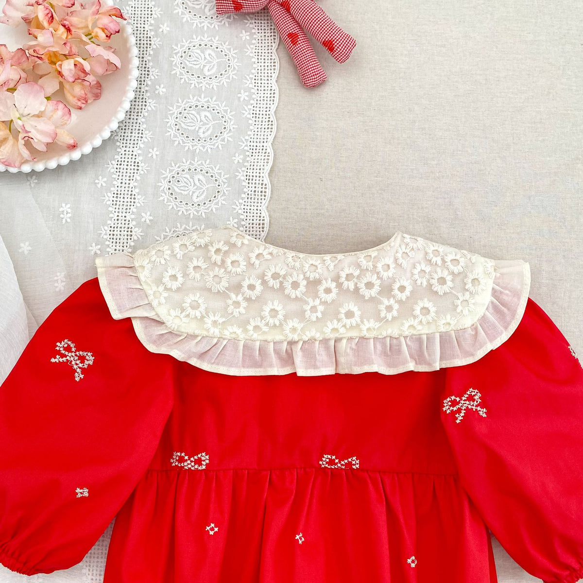 （Pre Order 2 Weeks）Sisters Christmas Bow Embroidery Dress&Romper