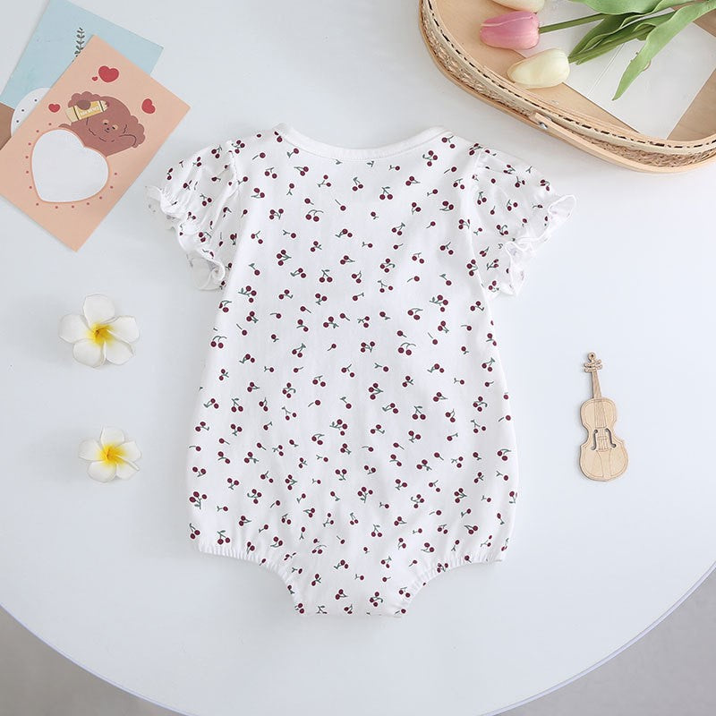 （In Production）Toddler Girls Spring&Summer Cherry Print Bow Romper