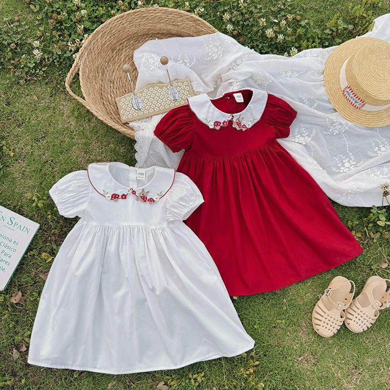 （In Production）Girls Spring&Summer Mushroom Embroidery Baby Collar Dress