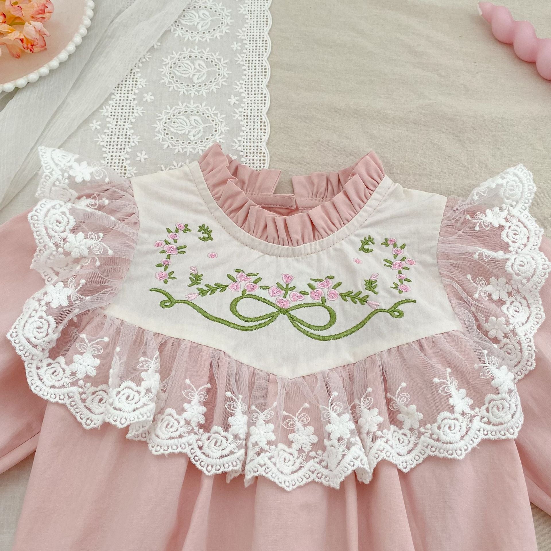 （Pre Order 2 Weeks）Sisters Fall Embroidery Lace Ruffle Dress&Romper
