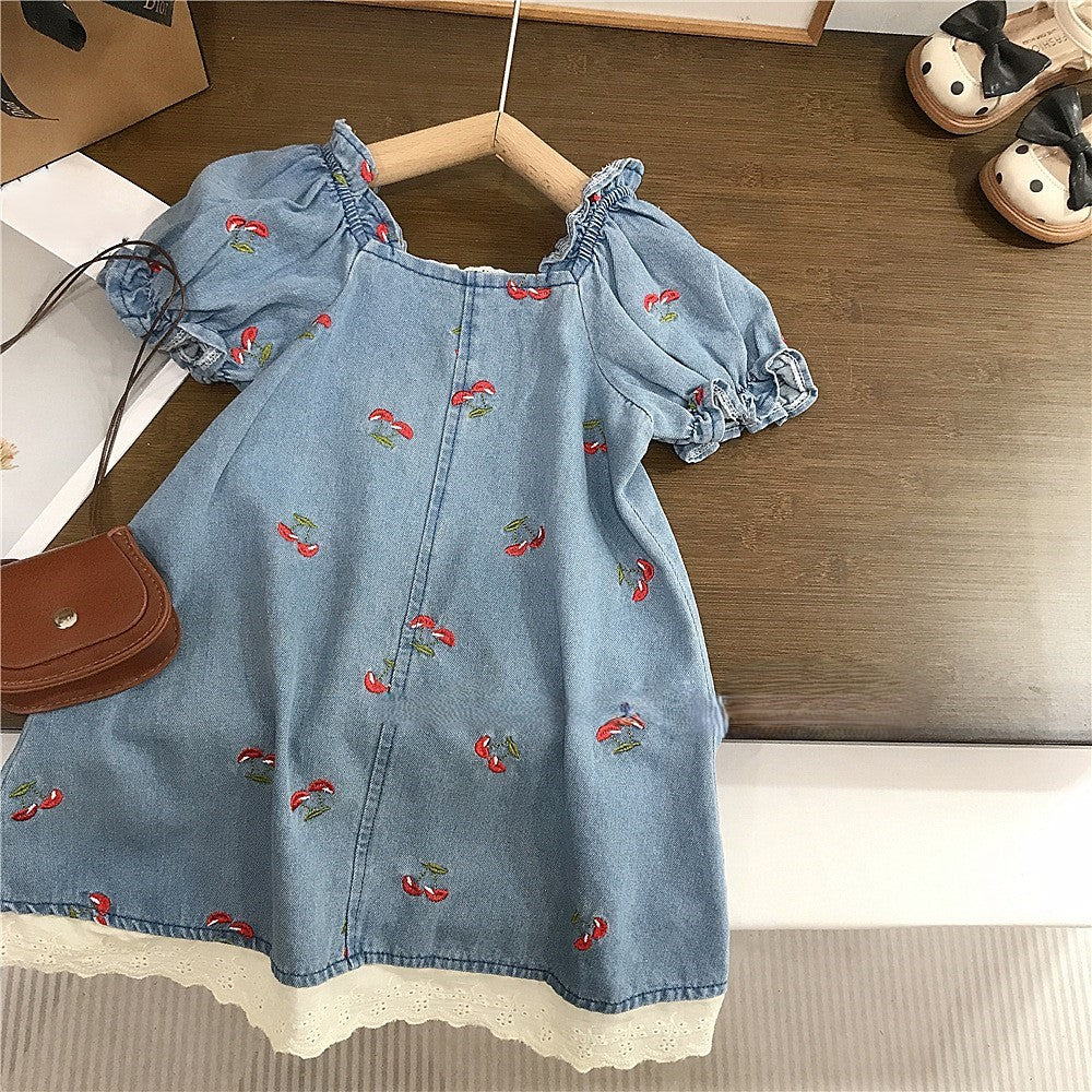 （In Production）Girls Spring&Summer Cherry Embroidery Denim Dress