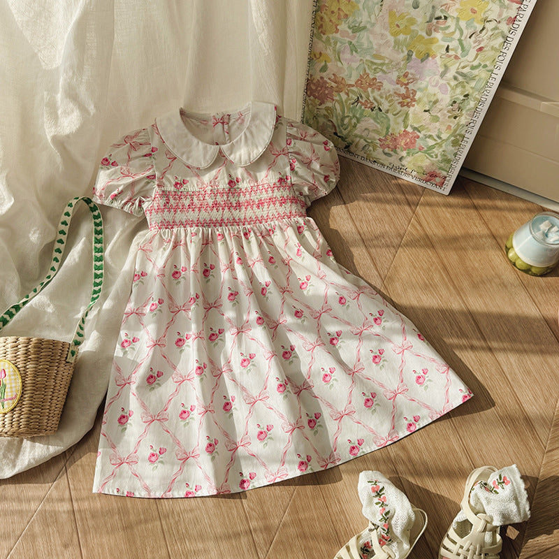 （In Production）Girls Spring&Summer Rose Print Smocked Dress